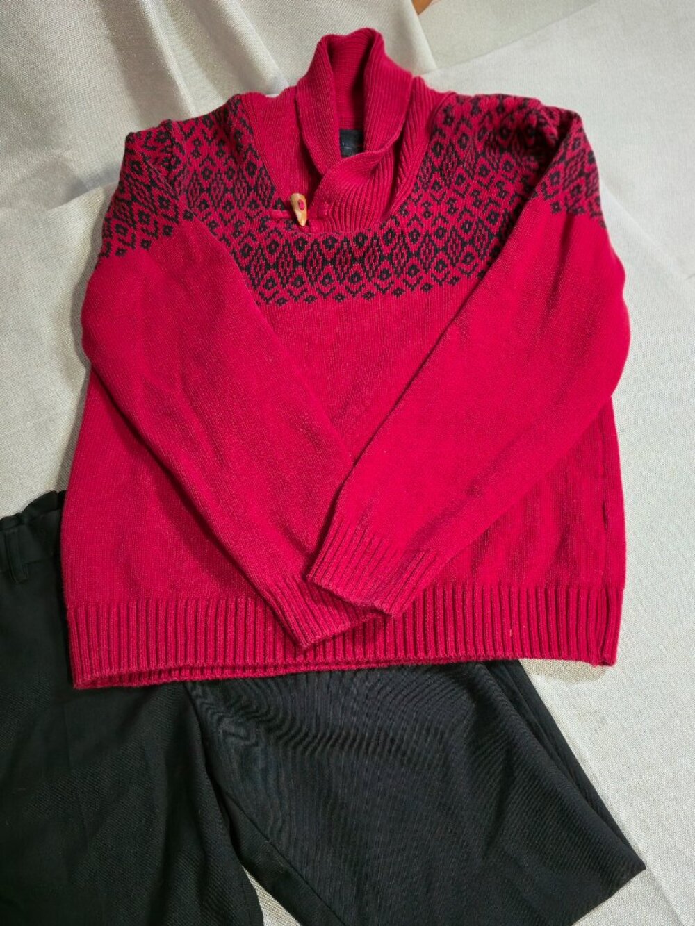 Boys Red Cowl Neck Sweater and Black Dress Pants